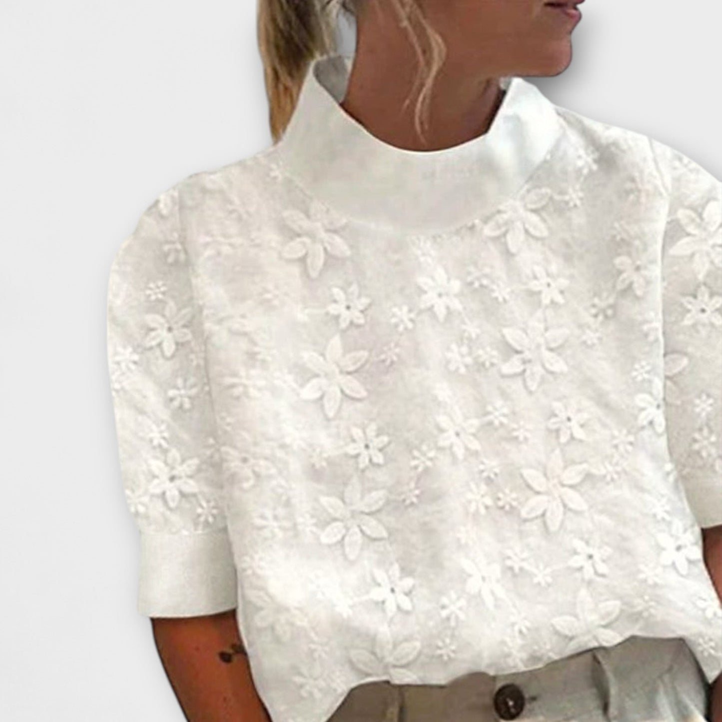 Blouse with Embroidered Simple Stand-Up Collar