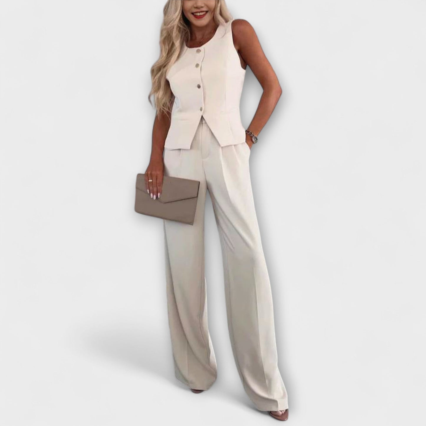 Hazel - Stylish Solid Color V-Neck Vest and Pants Two-Piece Set